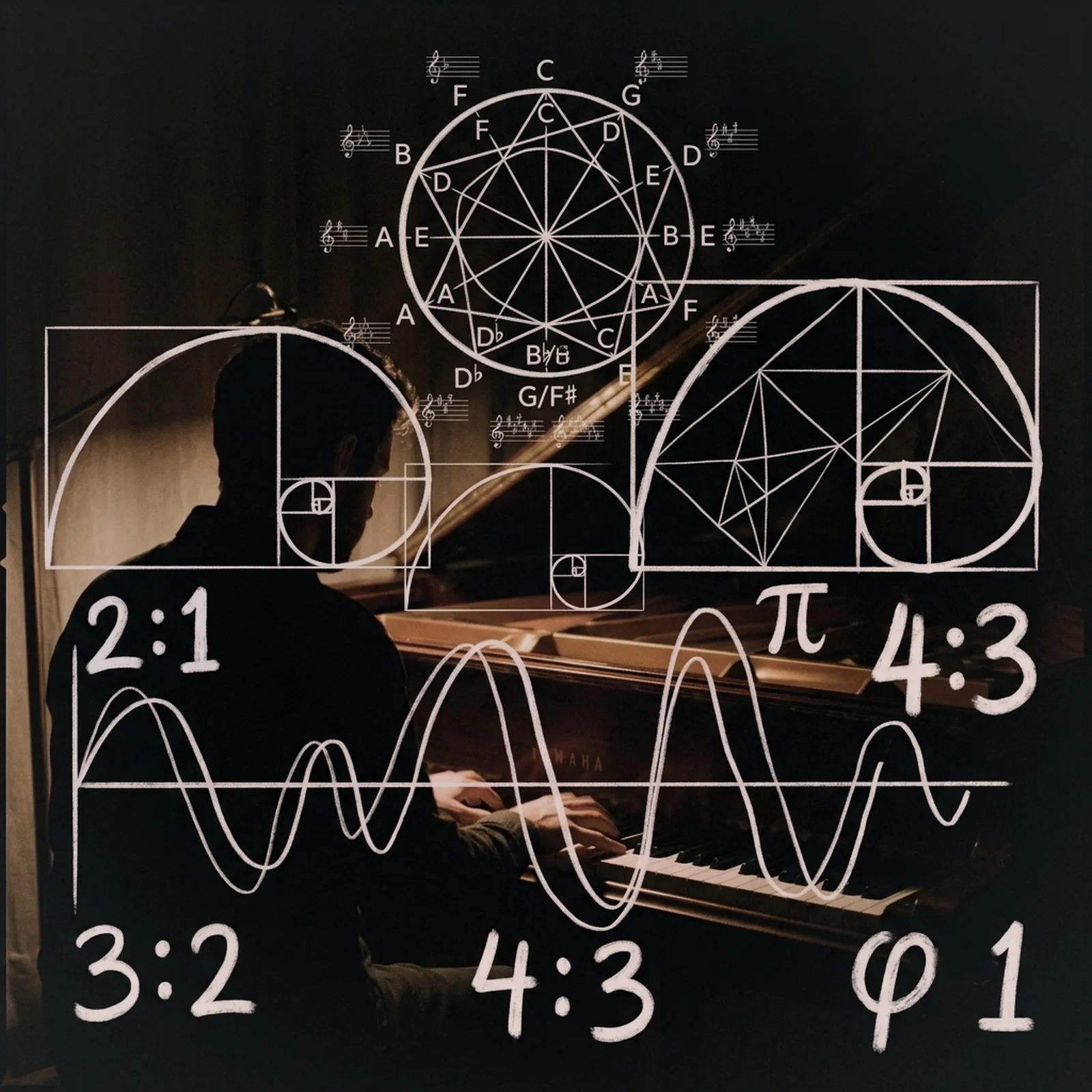 A silhouetted pianist at a grand piano, overlaid with chalk-style diagrams of the circle of fifths, golden ratio spirals, and sound wave ratios