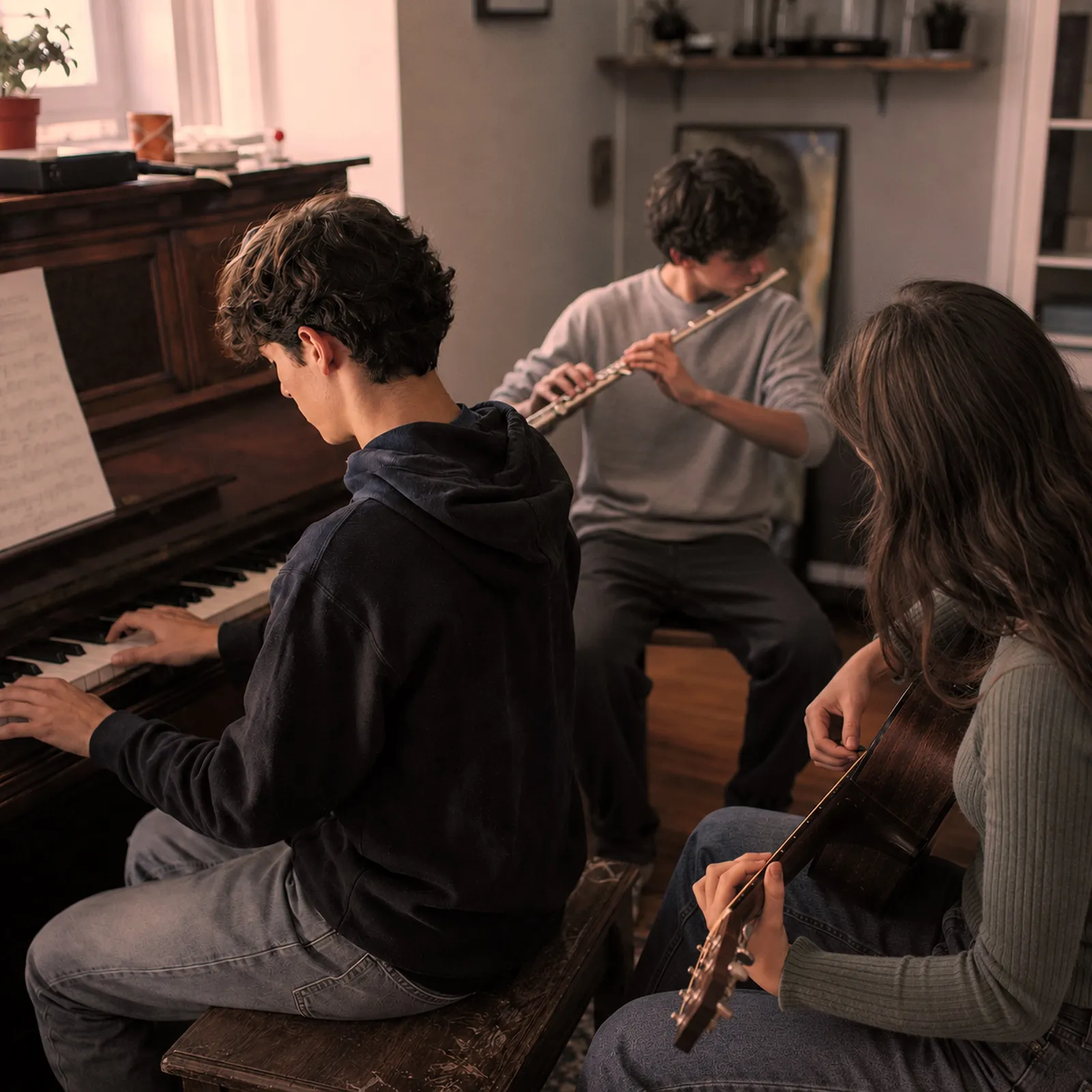 Three teenagers playing music together informally in a living room — piano, flute, and guitar