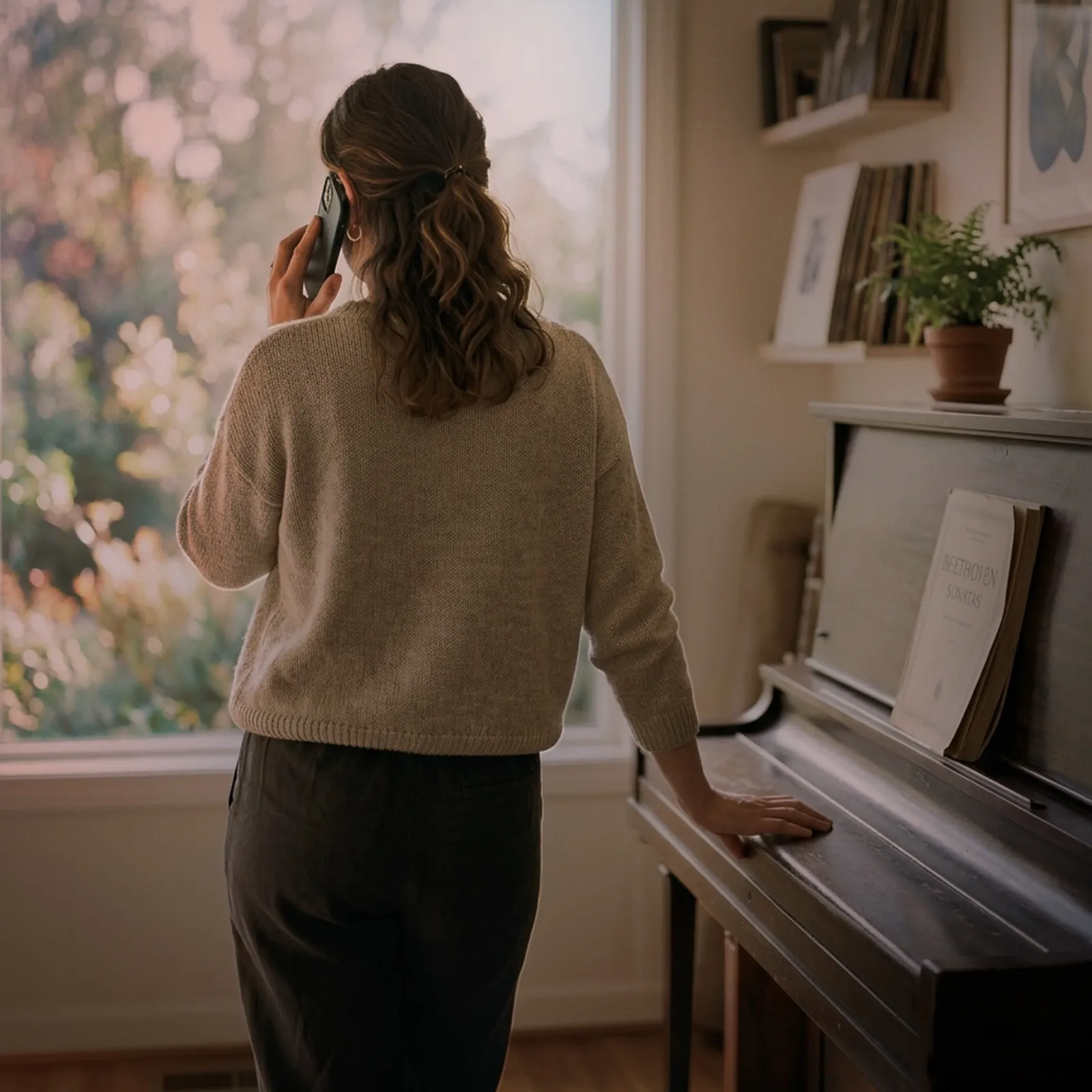 Woman seen from behind on the phone beside an upright piano