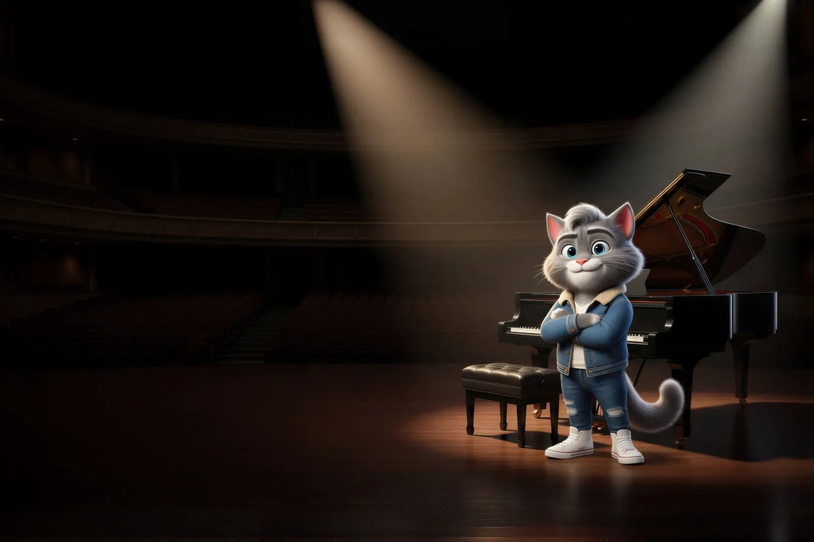 Animated cat character in denim jacket and sneakers standing beside a grand piano on an empty concert hall stage