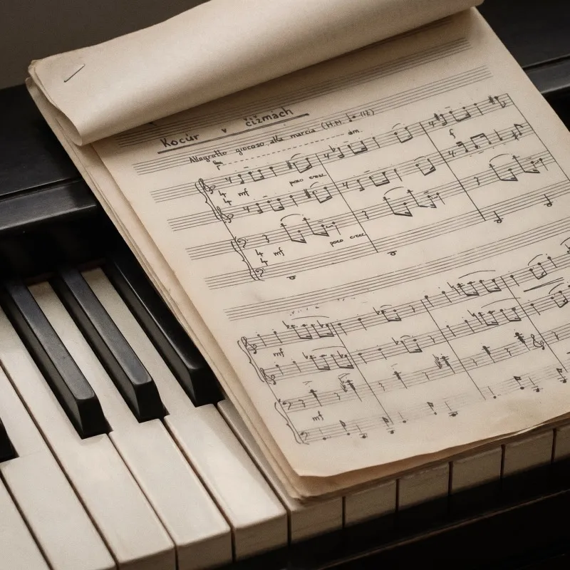 Handwritten manuscript page of "Kocúr v čižmách" resting on piano keys